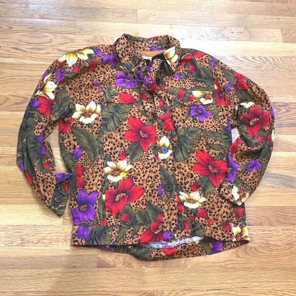 SK & Company Vintage‎ Leopard Floral Rayon Tie Neck Button Up Jacket Womens 10